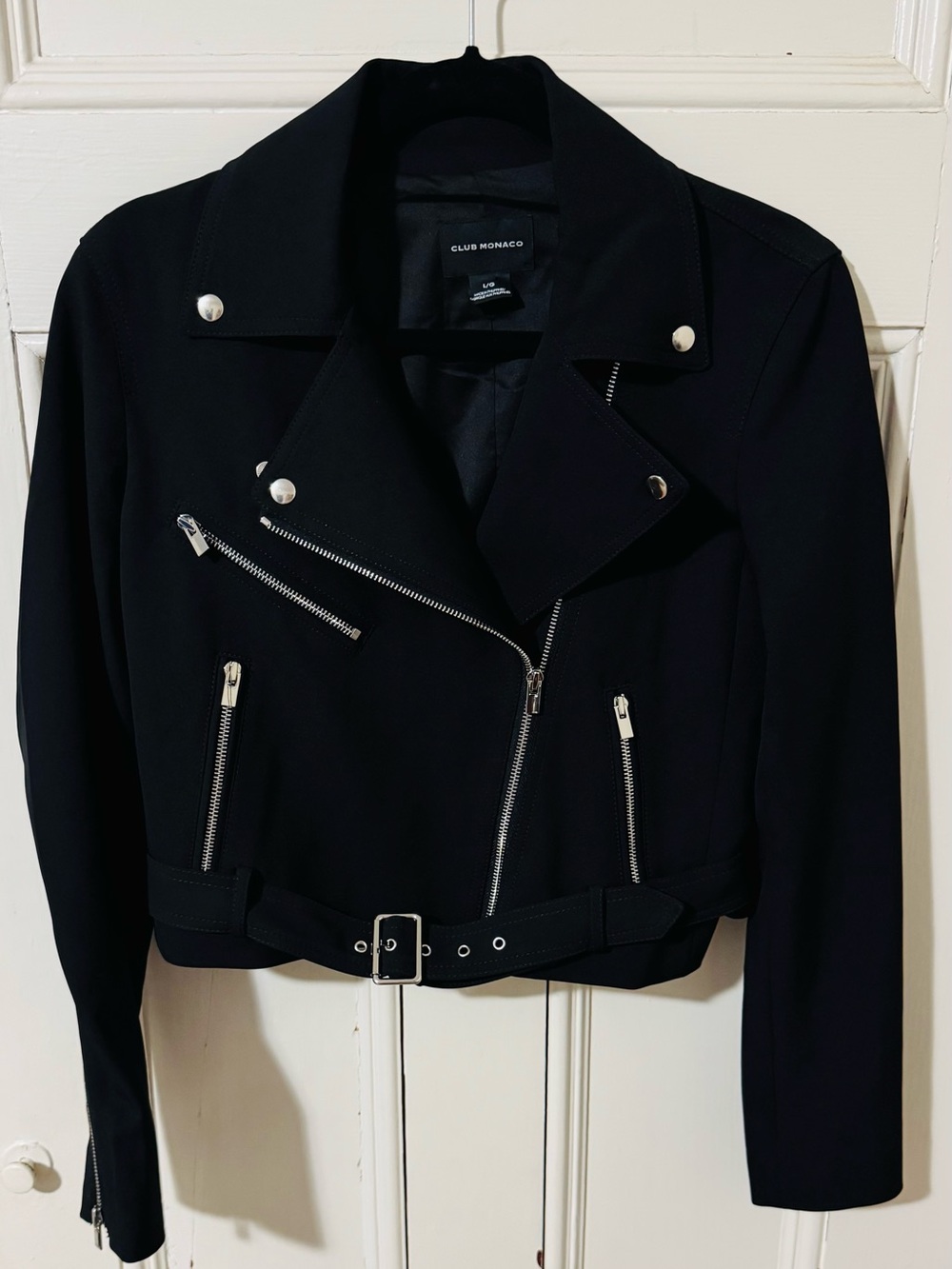 Club Monaco Laccarah Black Moto Jacket with Silver Hardware